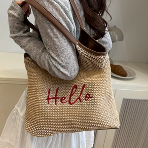 Women's Woven Tote Bag With Hello Embroidery Casual Beach Shoulder Bag PU Leather Strap Large Capacity Vacation Handbag