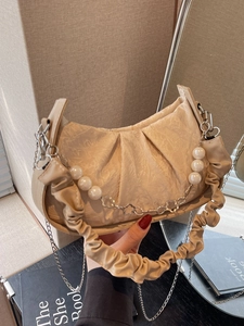 French Niche Design Pleated Cloud Bag With Artificial Pearl Chain Floral Metal Detail Satin Textured PU Leather Women Shoulder Bag