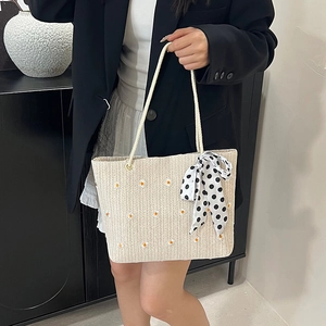 Sac Cabas d'Été en Paille pour Femmes Broderie Marguerite Grande Capacité Sac à Épaule Avec Nœud à Pois Mode Sac à Main de Plage