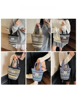 Detailed views of printed canvas bucket bags with ethnic patterns and wide handles