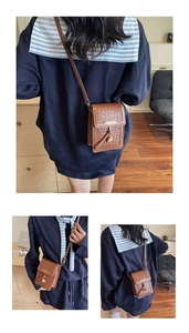 Detailed views of a brown woven leather crossbody phone bag with a metal logo tag