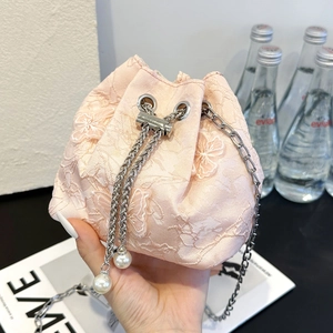 Pink floral lace bucket bag with pearl drawstring and silver chain strap for women