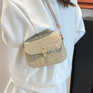 Women Summer Straw Woven Saddle Bag Floral Embroidered Shoulder Crossbody Bag With PU Strap Small Fresh Holiday Beach Bag