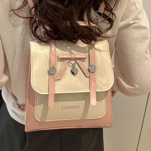 Doux Mini Sac à Dos Pour Femmes en Cuir PU Pendentif Coeur Couleur Contrastée Petit Sac à Épaule Carré Mode Décontractée