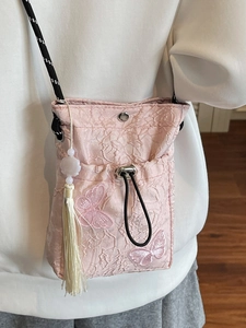 Pink lace butterfly embroidery bucket bag with braided strap and elegant silk tassels
