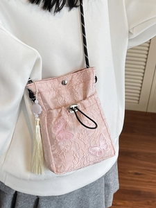 Pink lace crossbody bucket bag with butterfly embroidery and white fringe tassel pendant