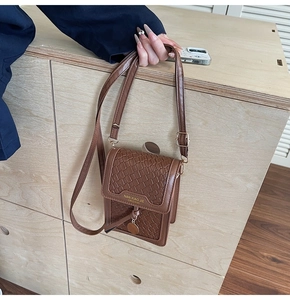 Detail of a brown woven pattern phone bag with a gold metal charm on wood background