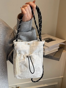 Chinese style white butterfly embroidery bucket bag with pleated drawstring and tassel