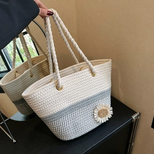 Handwoven Cotton Rope Tote Bag Large Capacity Beach Shoulder Bag With Flower Bow Decor For Women Casual Summer Handbag