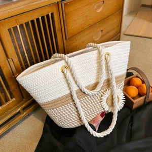 Handwoven large capacity straw tote bag with sunflower charm and rope handles