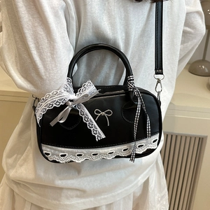 Borsa Bowling in Pelle PU Stile Coreano per Donna Con Pizzo e Fiocco Borsa a Tracolla Design di Nicchia Elegante Borsa a Mano