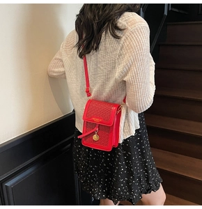Detailed view of red woven leather mini crossbody bag with golden hardware accents