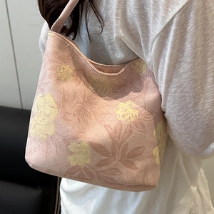 Vintage Floral Canvas Tote Bag For Women New Chinese Style Elegant Printed Shoulder Bag Portable Minimalist Summer Daily Handbag