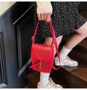 Detail of red crocodile textured mini bag with gold hardware and flap closure design