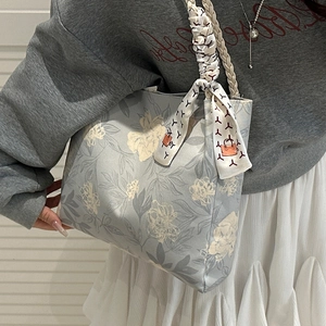 New Chinese Style Floral Print Shoulder Bag For Women PU Leather Tote Bag With Braided Handle And Decorative Silk Scarf