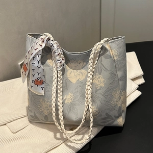 New Chinese style floral embroidery tote bag with woven rope handle and silk scarf