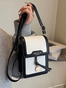 Vintage Weave Pattern Mobile Phone Bag For Women PU Leather Contrast Color Small Crossbody Bag Versatile Flap Shoulder Bag With Pendant
