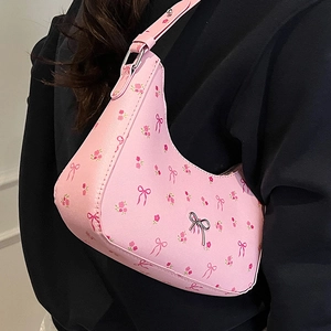 Sweet Floral Bowknot Printed PU Leather Shoulder Bag Fashion Underarm Hobo Bag With Metal Bow Decor Elegant Handbag