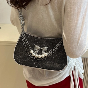 Damen Schultertasche Denim Glitzer Stoff Mit Schleife Metall Kunstperle Kette Knoten Gurt Y2K Koreanischer Stil Unterarmtasche