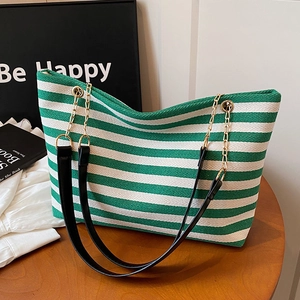Women Large Capacity Canvas Tote Bag Casual Striped Shoulder Bag Fashion Hobo Underarm Bag With Chain Strap Daily Travel