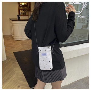 Detail of white quilted mini crossbody bag with star patterns and woven logo label