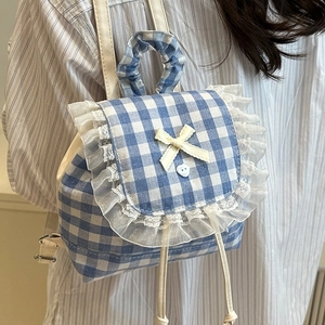 Sweet Lace Trim Gingham Mini Backpack Women Kawaii Plaid Schoolbag Bow Preppy Style Small Canvas Travel Bucket Backpack