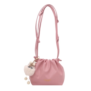 Pink leather drawstring bucket bag with gold lettering and a cute white plush pendant