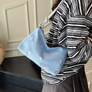 Women Floral Print Denim Canvas Shoulder Bag Retro Knotted Strap Underarm Hobo Bag Casual Everyday Handbag Fresh Style Tote