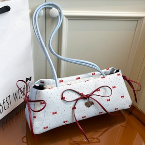 Sac d'Aisselle en Cuir PU à Imprimé Nœud pour Femmes Sac à Épaule Doux à Pois Pendentif Cœur Vintage Sac Baguette à Main