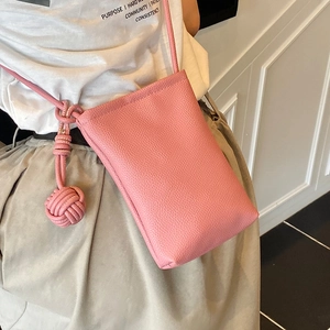 Pink lychee grain leather crossbody phone bag with knot tassel detail for women