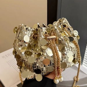 Sac Seau à Paillettes pour Femmes à la Mode en PVC Alliage Chaîne Sac à Bandoulière Avec Cordon en Künstliche Perle pour Fête Banquet