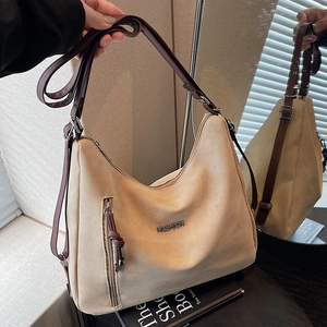 Maillard style large capacity tote bag in beige with dark brown shoulder straps