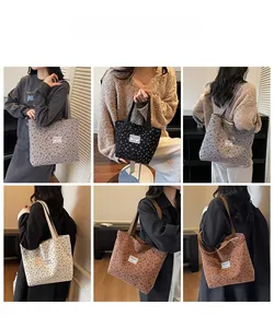 Collage of model carrying corduroy tote bags with polka dots in four versatile colors