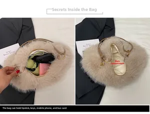 Detail view of large beige plush bucket bag interior showing capacity for daily essentials