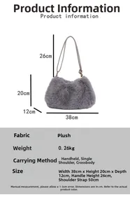 Detail view of grey plush bucket bag showing soft fur texture and product dimensions