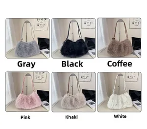 Faux fur bucket bag collection showing gray, black, brown, pink, khaki and white options