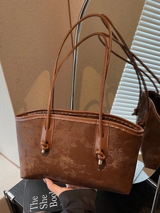 Brown vintage large capacity faux leather tote bag with long shoulder straps for women