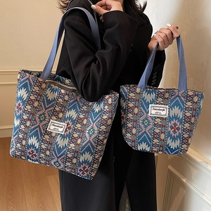 Ethnic Bohemian Woven Tote Bag For Women Vintage Geometric Pattern Large Capacity Canvas Shoulder Handbag Casual Travel Shopping Bag