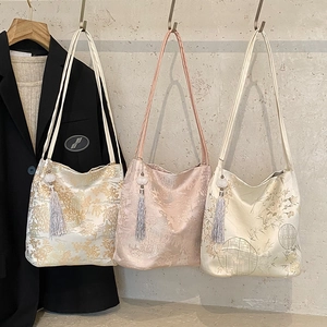 Three elegant Chinese style embroidery jacquard tote bags with silk finish and tassels