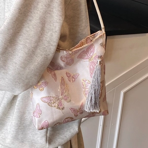 New Chinese Style Canvas Printed Butterfly Shoulder Bag For Women Retro Large Capacity Commuter Tote With Tassel Pendant