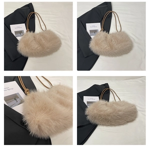 Detailed views of a plush faux fur bucket bag in apricot with brown rope straps for women