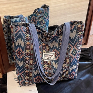 Ethnic style canvas tote bag with bohemian geometric patterns and spacious interior