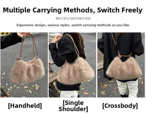 Detailed views of light brown plush bucket bag shown in handbag, shoulder, and crossbody styles