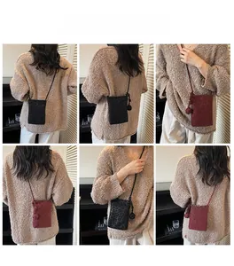 Detail shots of black and burgundy crossbody phone bags with leopard texture and knotted straps