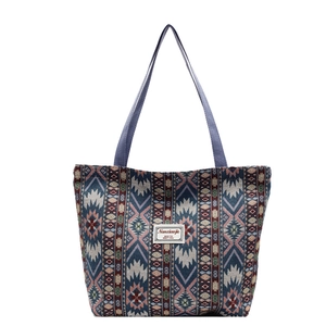 Ethnic style large tote bag with blue and purple geometric weaving for women