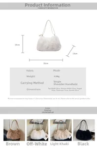 Dimensions détaillées et quatre options de couleur pour le sac à épaule en fausse fourrure