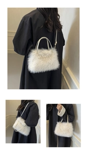 Detail of cream faux fur handbag with soft texture and adjustable strap for winter fashion