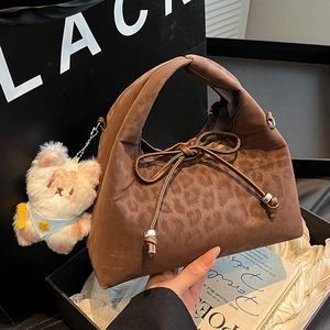 Women Leopard Print PU Leather Pillow Shoulder Bag Fashion Bow Drawstring Crossbody Handbag With Plush Charm Urban Casual Bag
