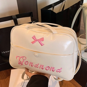 Minimalist cream white JK style PU leather tote bag with pink bow and embroidery