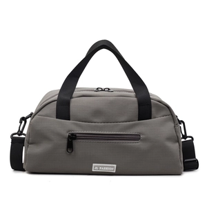 Gray nylon crossbody tote bag with adjustable strap and front zipper pocket for travel